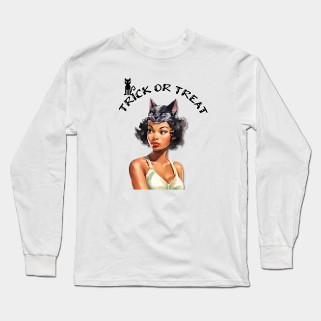 Trick or Treat Black Pin-up Girl with Cat Mask Illustration Art Long Sleeve T-Shirt by AdrianaHolmesArt